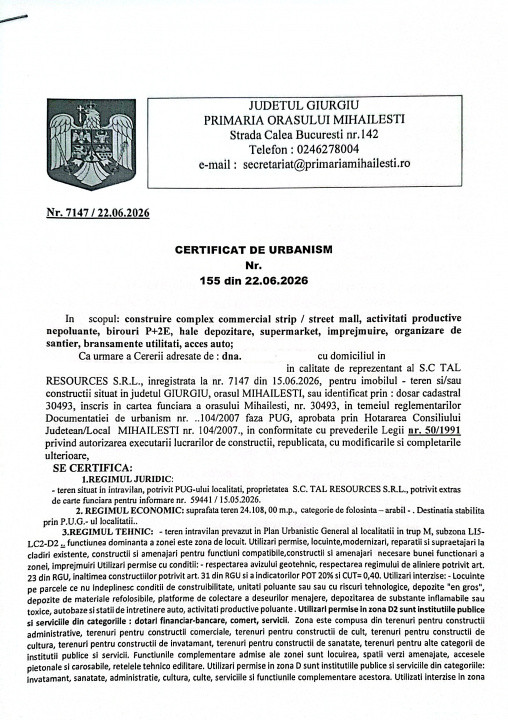 VANZARE TEREN 24.108 MP DN6/ E70 STRADAL, MIHAILESTI